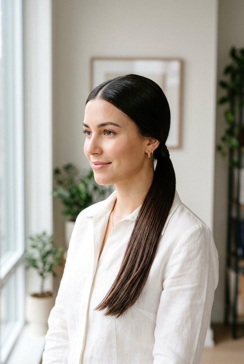 Low Clip In Ponytail With Middle Part - 20 clip in ponytail hairstyles - 20 clip in ponytail hairstyles