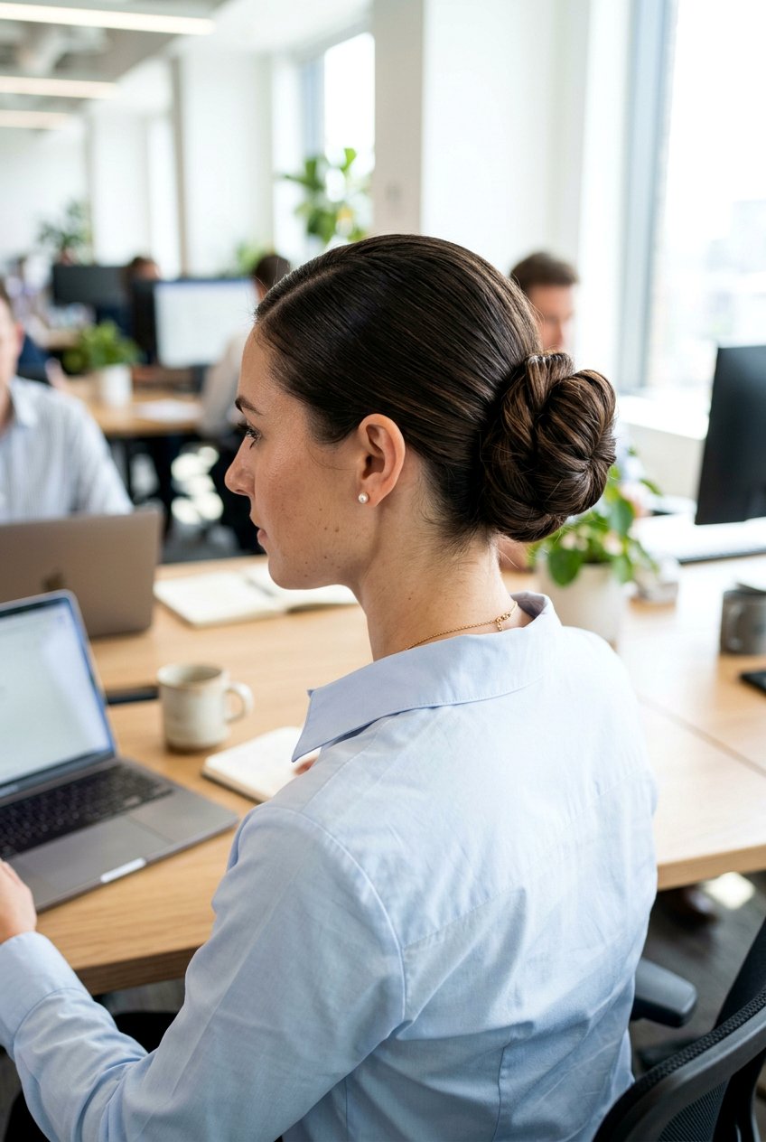 Low Coiled Office Bun - 20 minimalist office bun hairstyle - 20 minimalist office bun hairstyle