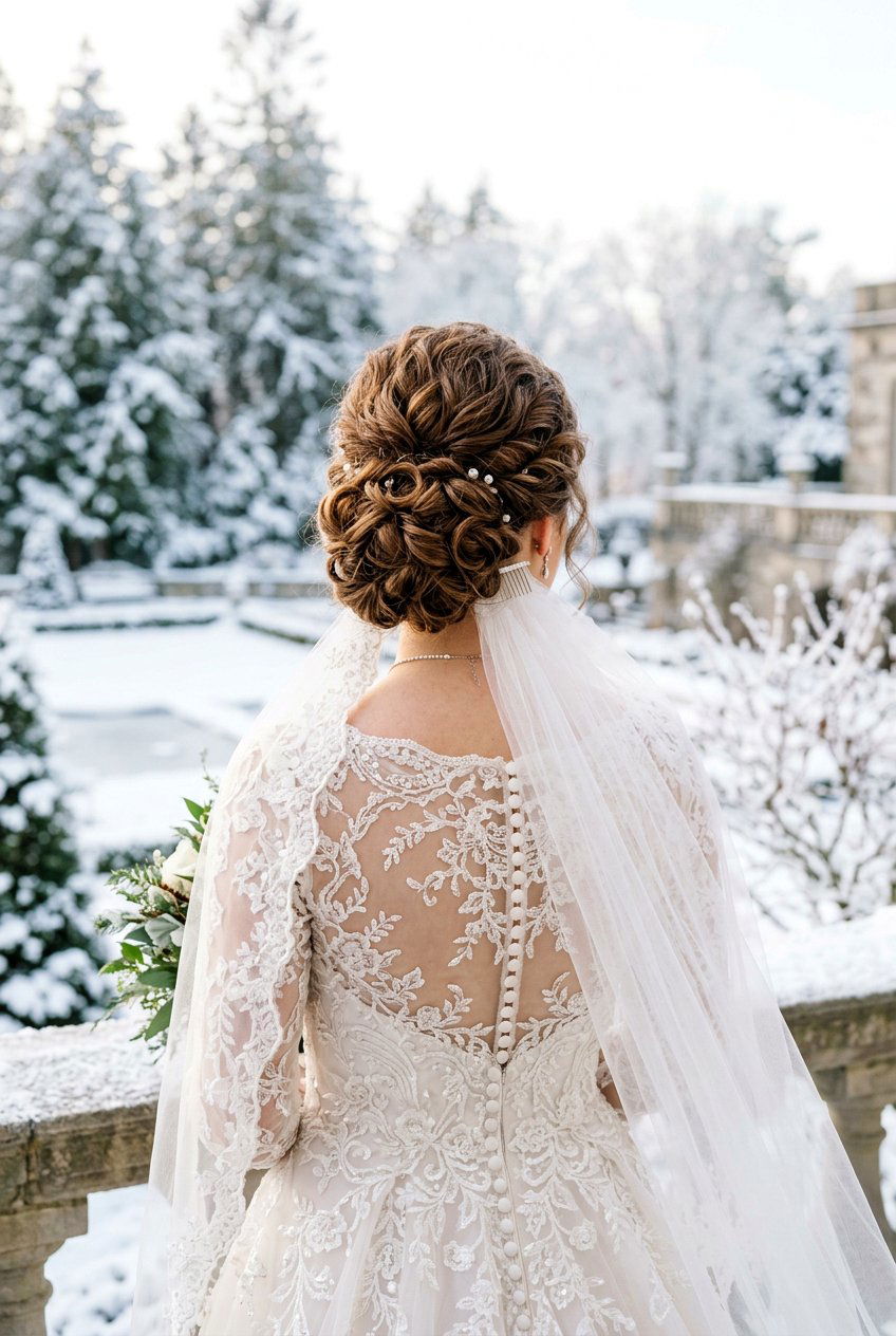 Low Curly Bridal Bun With Veil - 20 bridal hairstyle for curly veil look - 20 bridal hairstyle for curly veil look