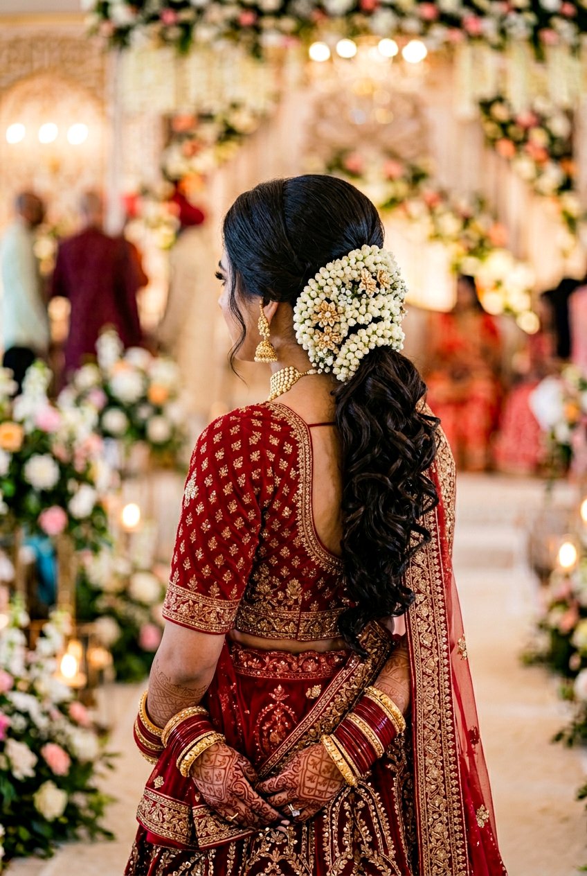 Low Curly Bridal Ponytail With Gajra - 20 indian bridal ponytail hairstyle - 20 indian bridal ponytail hairstyle