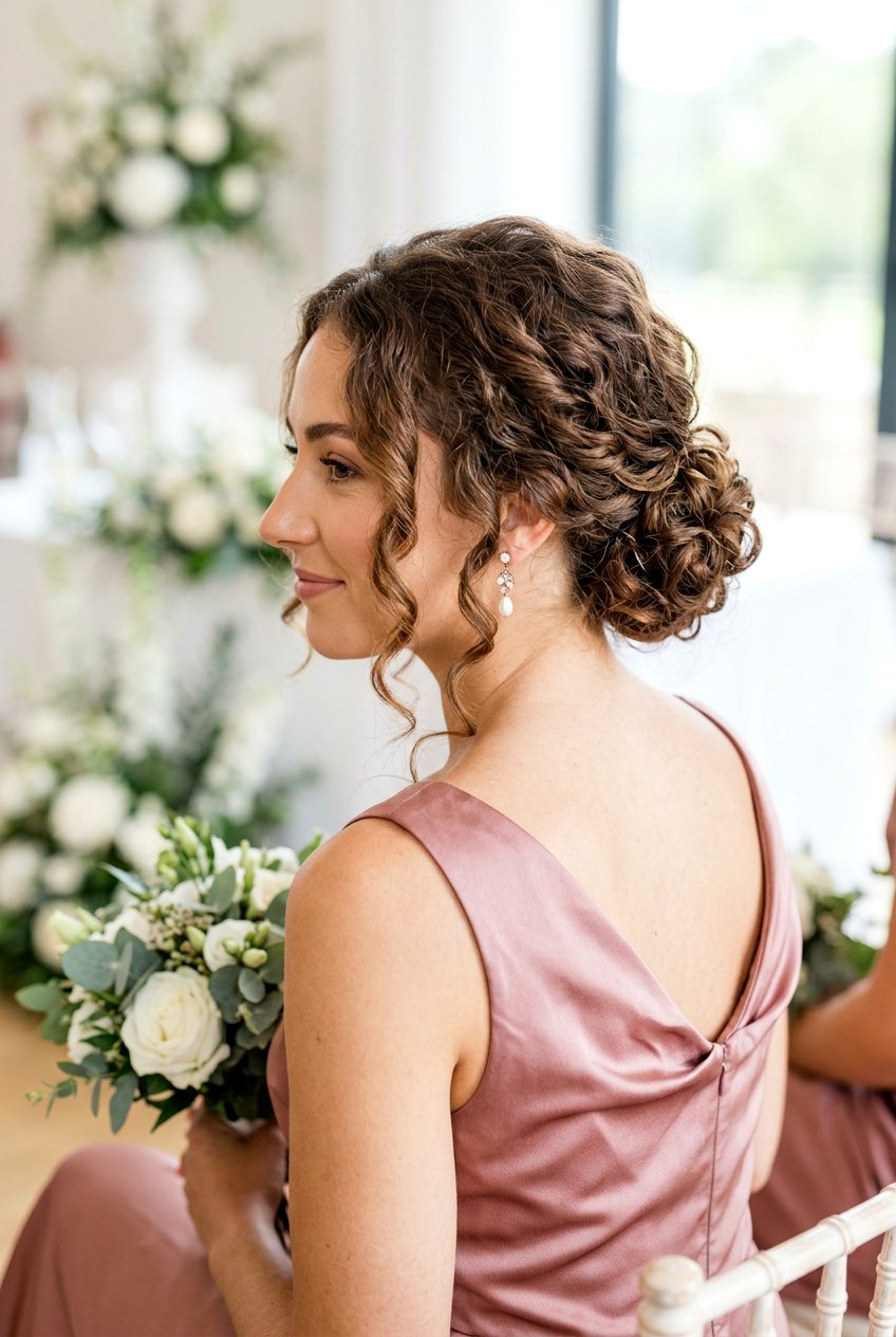 Low Curly Bridesmaid Bun - 20 bridesmaid hairstyles with curls - 20 bridesmaid hairstyles with curls