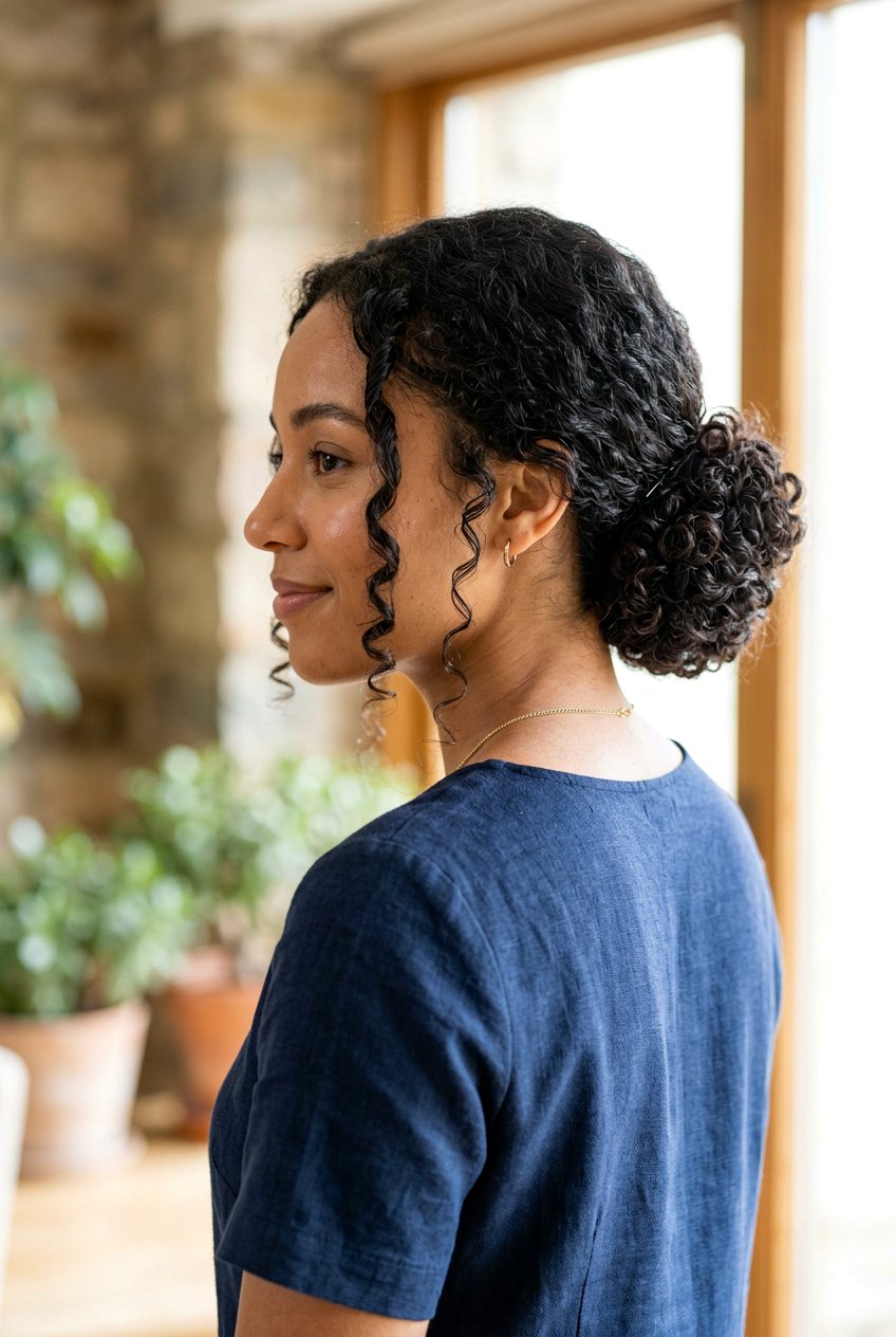 Low Curly Bun - 20 picture day hairstyle for curly hair girls - 20 picture day hairstyle for curly hair girls