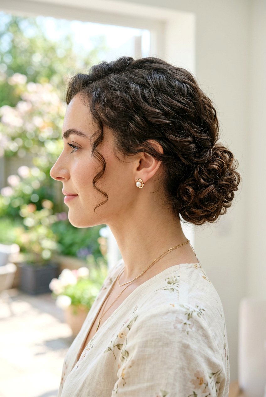 Low Curly Bun - 20 humidity proof hairstyles for curly hair - 20 humidity proof hairstyles for curly hair