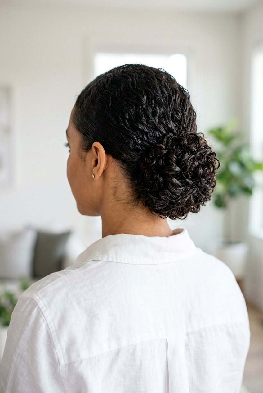 Low Curly Bun - 20 library friendly hairstyles - 20 library friendly hairstyles