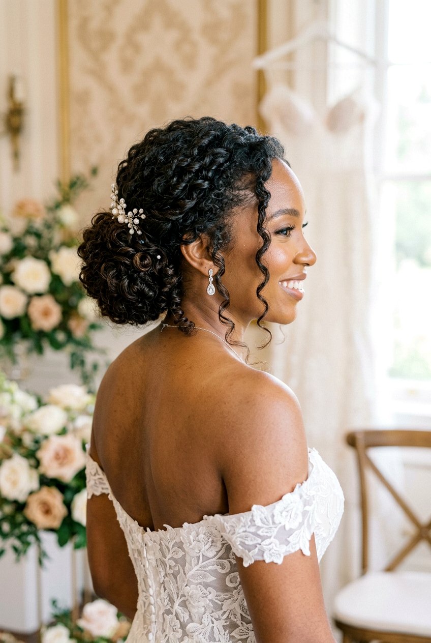 Low Curly Bun Bridal Updo - 20 bridal curly updo for natural hair - 20 bridal curly updo for natural hair