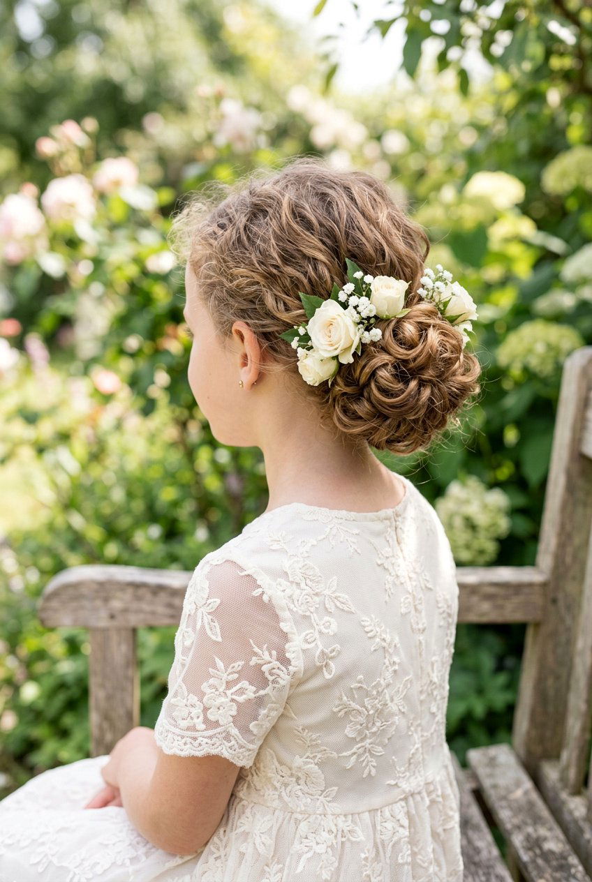 Low Curly Bun With Fresh Flowers - 20 flower girl hairstyles with curls - 20 flower girl hairstyles with curls