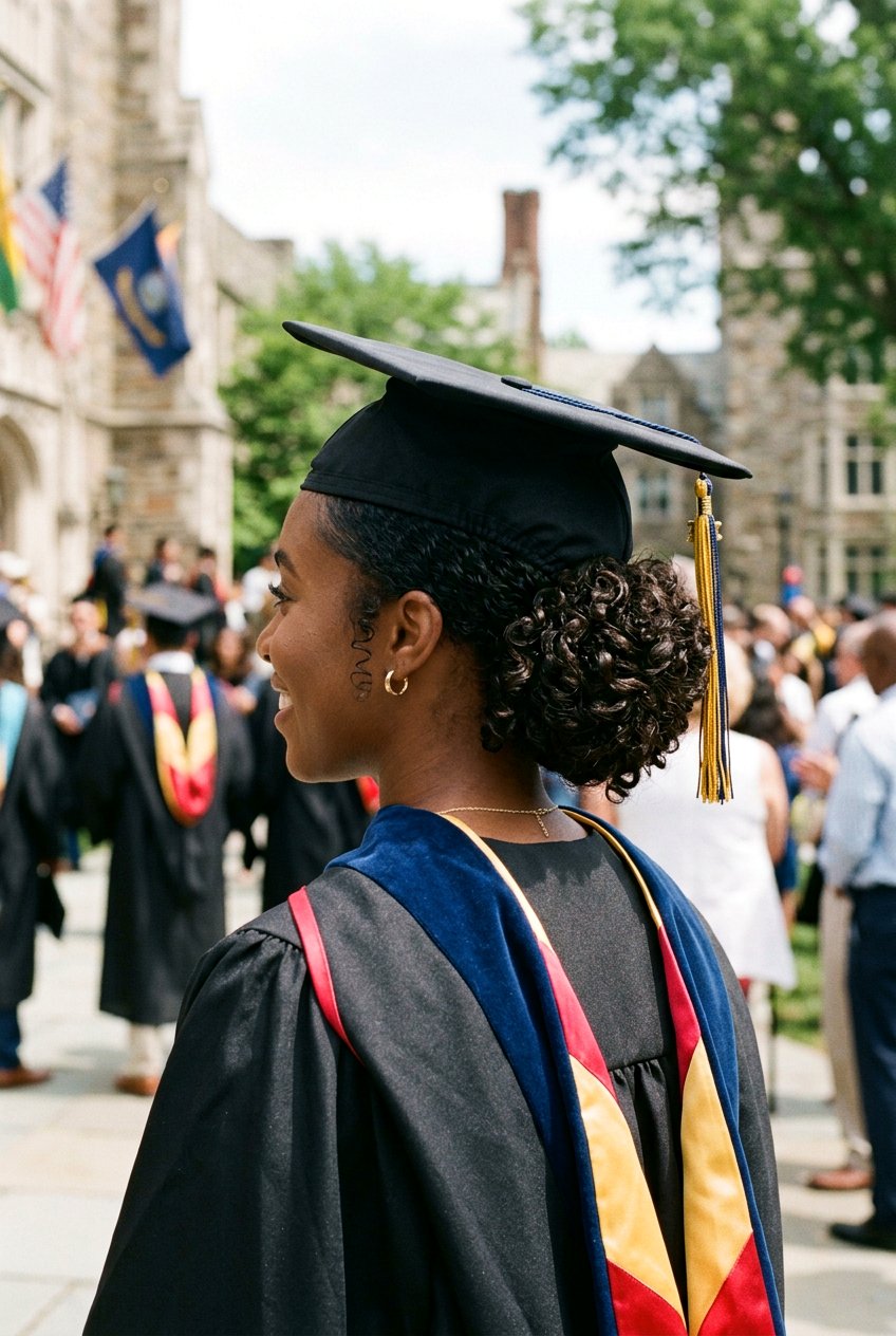 Low Curly Bun With Graduation Cap - 20 graduation curls with cap - 20 graduation curls with cap