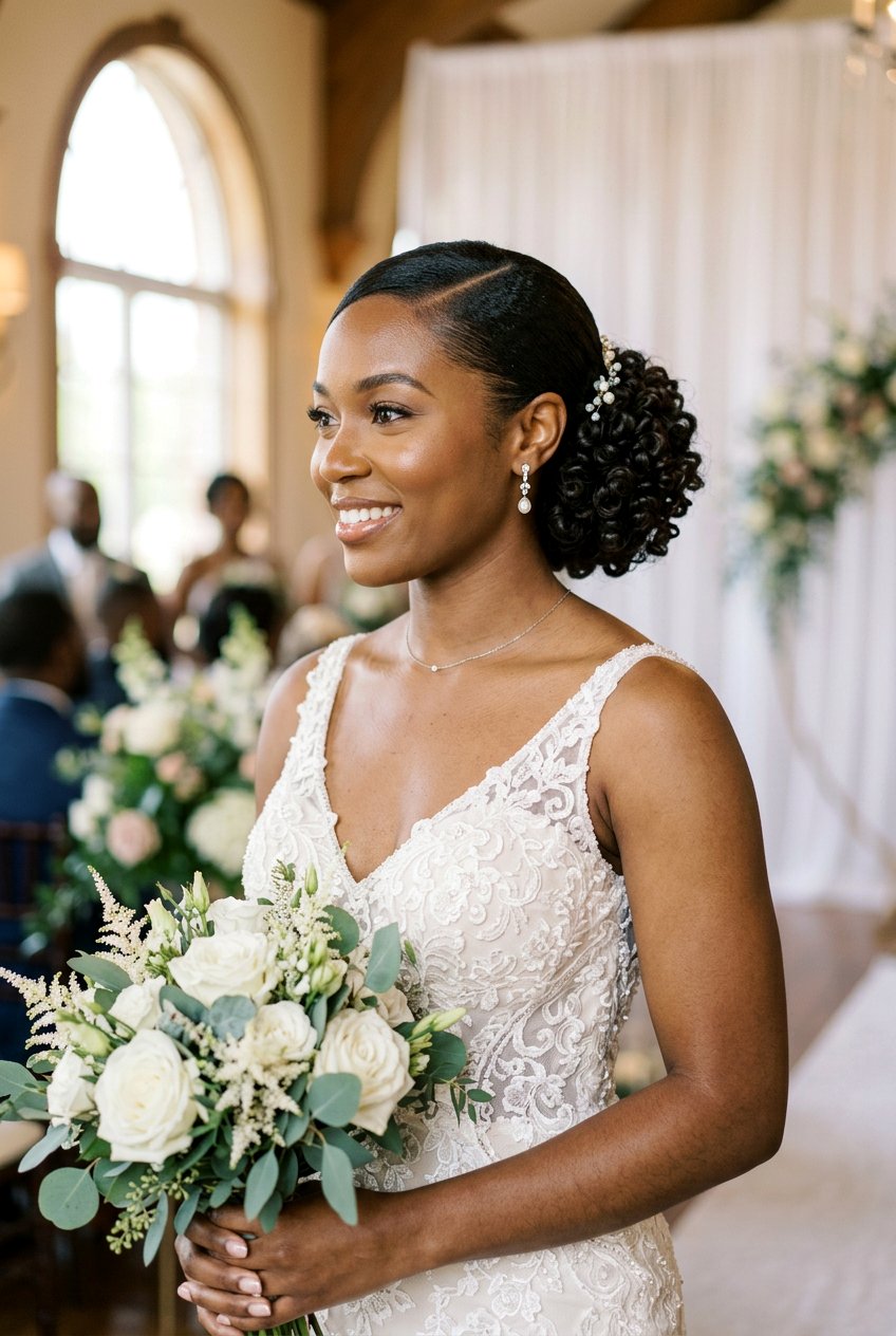 Low Curly Bun With Side Part - 20 natural bridal hairstyles for black women - 20 natural bridal hairstyles for black women
