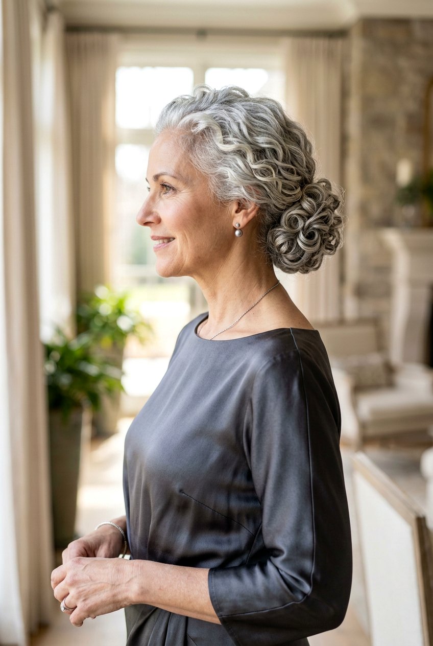 Low Curly Bun - 20 curly wedding guest hairstyle for mature women - 20 curly wedding guest hairstyle for mature women