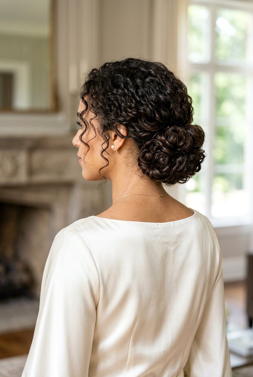 Low Curly Chignon - 20 simple bridal curls for outdoor wedding - 20 simple bridal curls for outdoor wedding