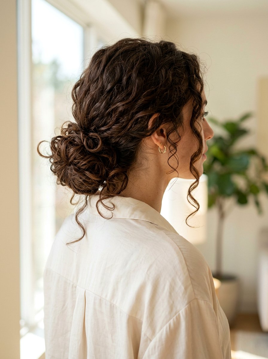 Low Curly Messy Bun - 20 recital hairstyles for curly hair - 20 recital hairstyles for curly hair