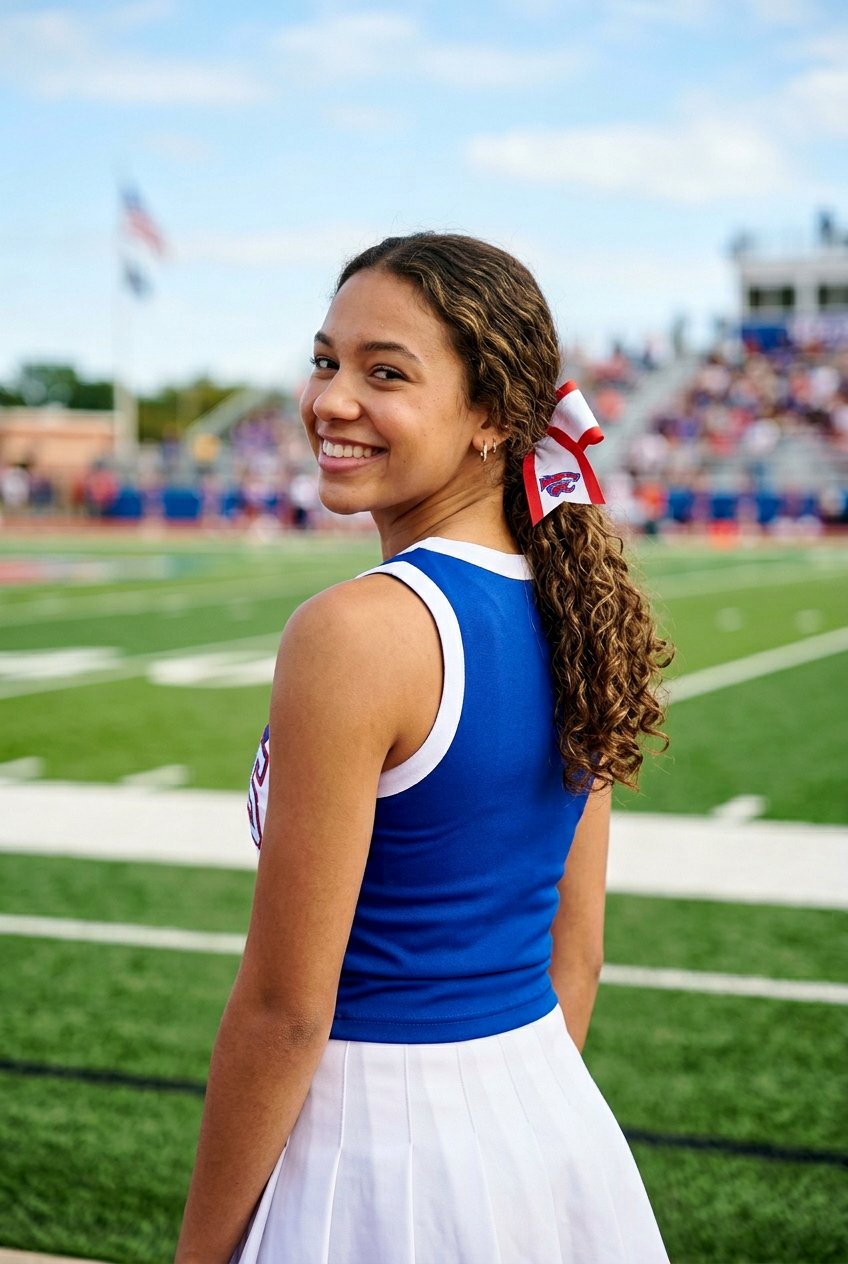 Low Curly Ponytail Cheer Look - 20 cheer ponytail with curls - 20 cheer ponytail with curls