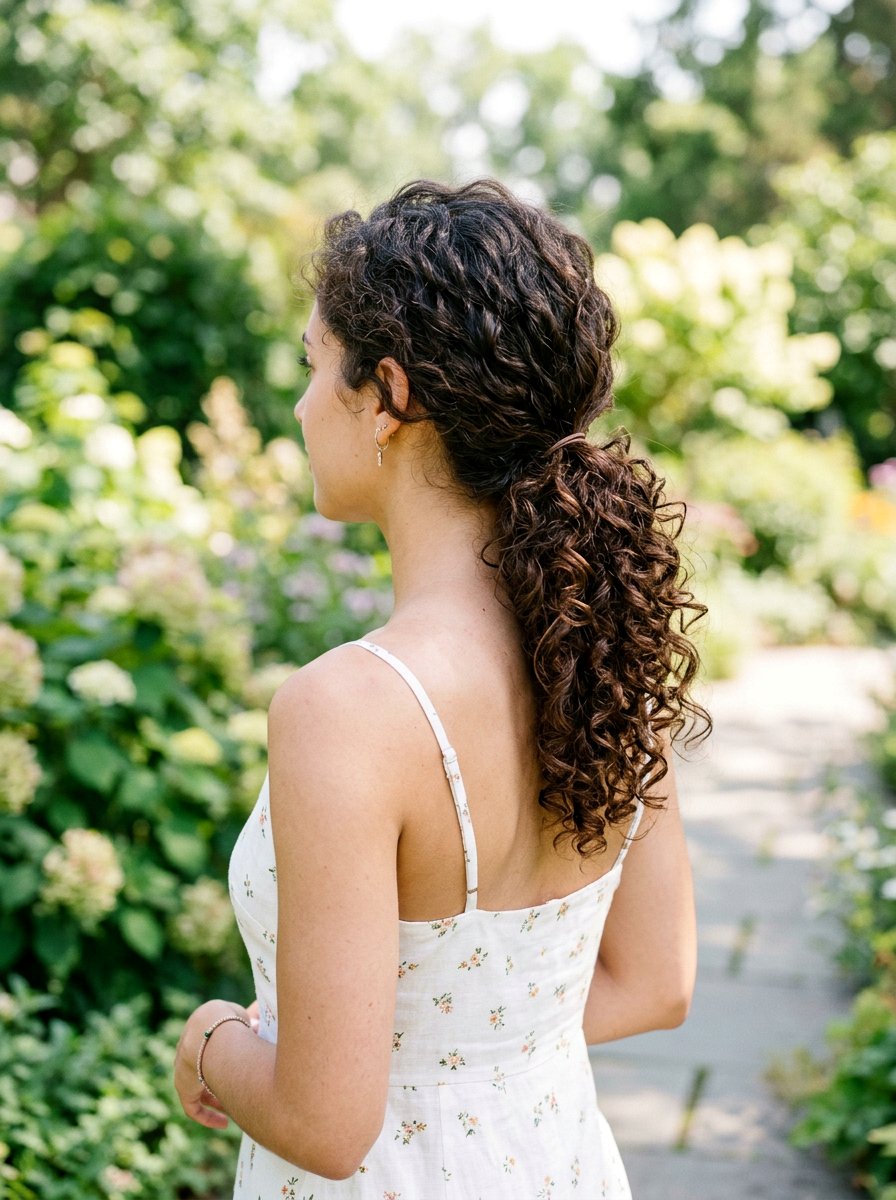 Low Curly Ponytail For Humid Destinations - 20 travel ponytail hairstyle - 20 travel ponytail hairstyle