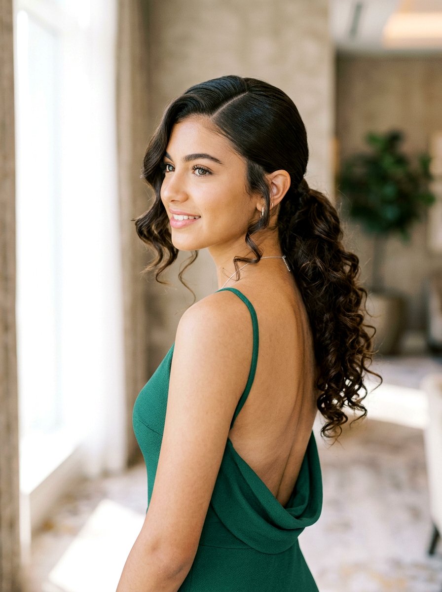 Low Curly Ponytail With Deep Side Part - 20 teen girls homecoming curls ponytail - 20 teen girls homecoming curls ponytail