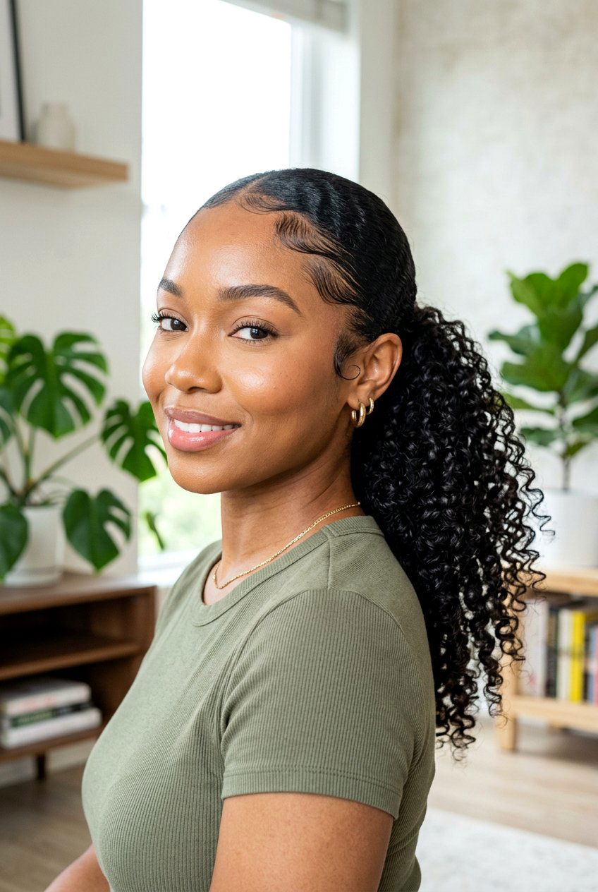 Low Curly Ponytail With Laid Edges - 20 frizz free ponytail hairstyles - 20 frizz free ponytail hairstyles