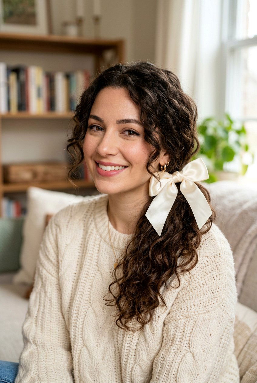 Low Curly Ponytail With Satin Bow - 20 holiday ponytail with bow - 20 holiday ponytail with bow
