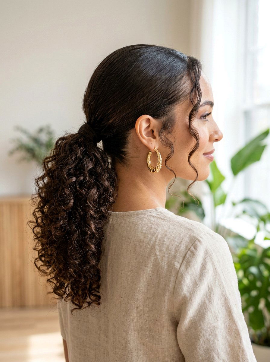 Low Curly Ponytail With Tendrils - 20 homecoming hairstyles for curly hair - 20 homecoming hairstyles for curly hair