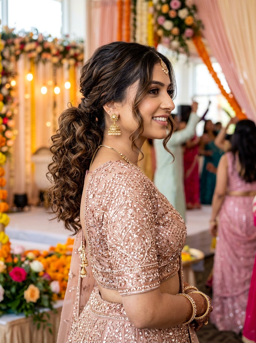 Low Curly Ponytail with Face Framing Tendrils - 20 sangeet ponytail hairstyle - 20 sangeet ponytail hairstyle