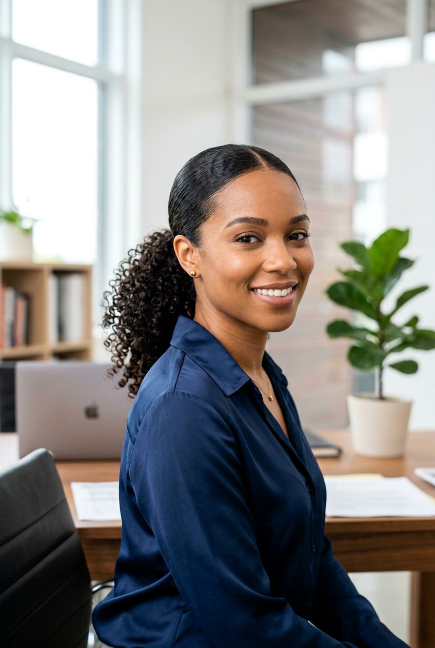 Low Curly Ponytail - 20 office hairstyle for curly shoulder length hair - 20 office hairstyle for curly shoulder length hair