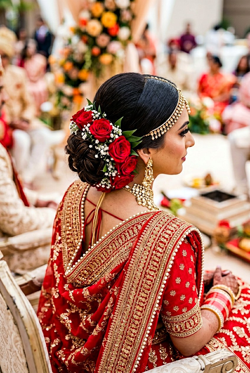 Low Floral Bridal Bun With Dupatta - 20 pakistani bridal hairstyles - 20 pakistani bridal hairstyles