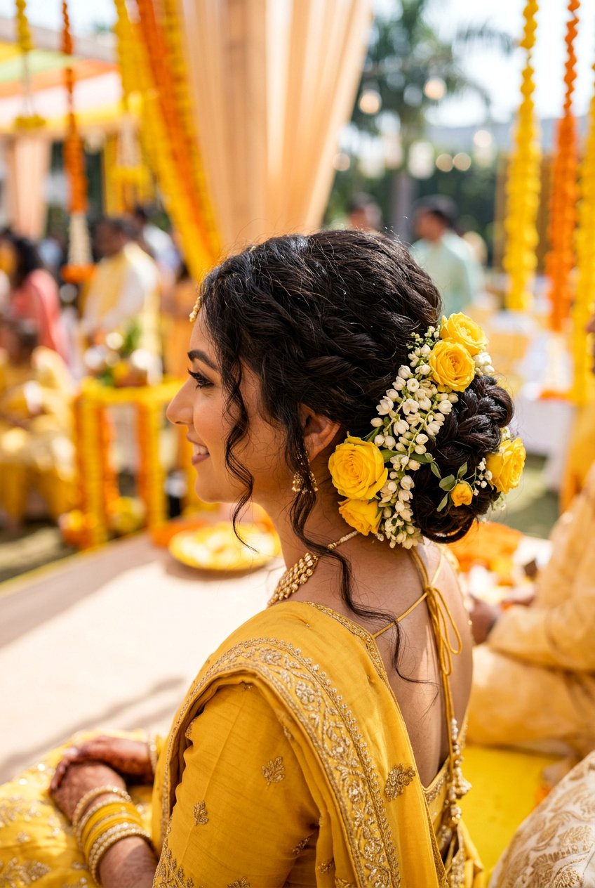 Low Floral Bun Haldi Hairstyle For Bride - 20 haldi hairstyles for bride - 20 haldi hairstyles for bride