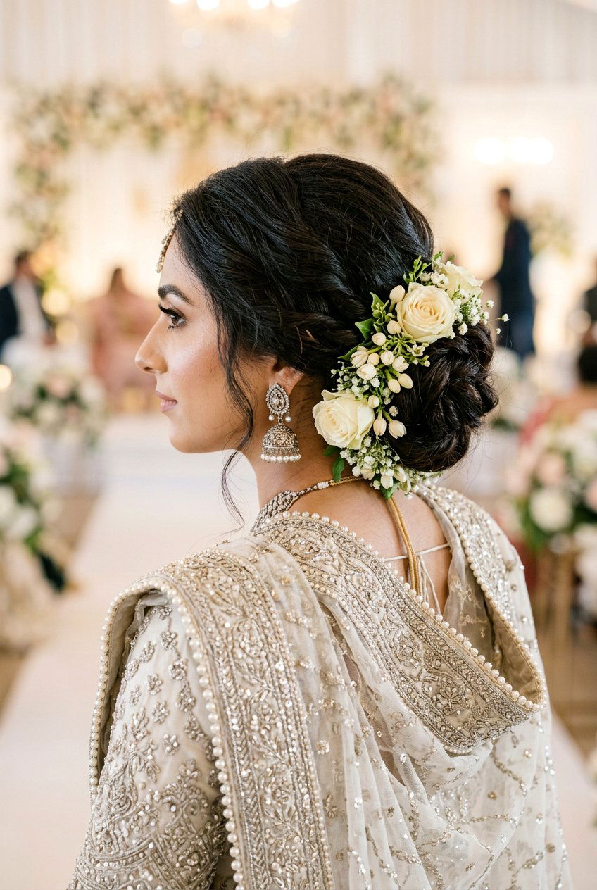 Low Floral Bun Walima Hairstyle - 20 walima hairstyles - 20 walima hairstyles