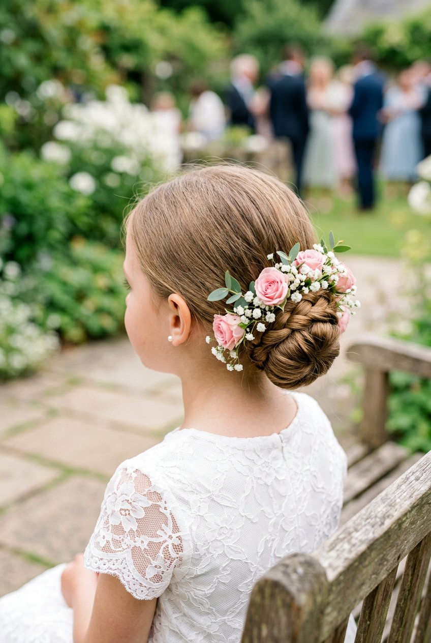 Low Flower Girl Bun With Flowers - 20 flower girl bun hairstyle - 20 flower girl bun hairstyle