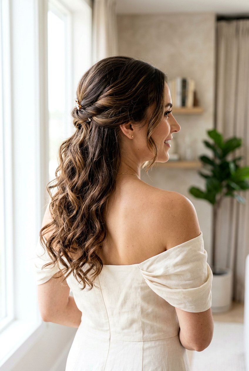 Low Half Up With Loose Curls - 20 simple bridesmaid half up hairstyle - 20 simple bridesmaid half up hairstyle