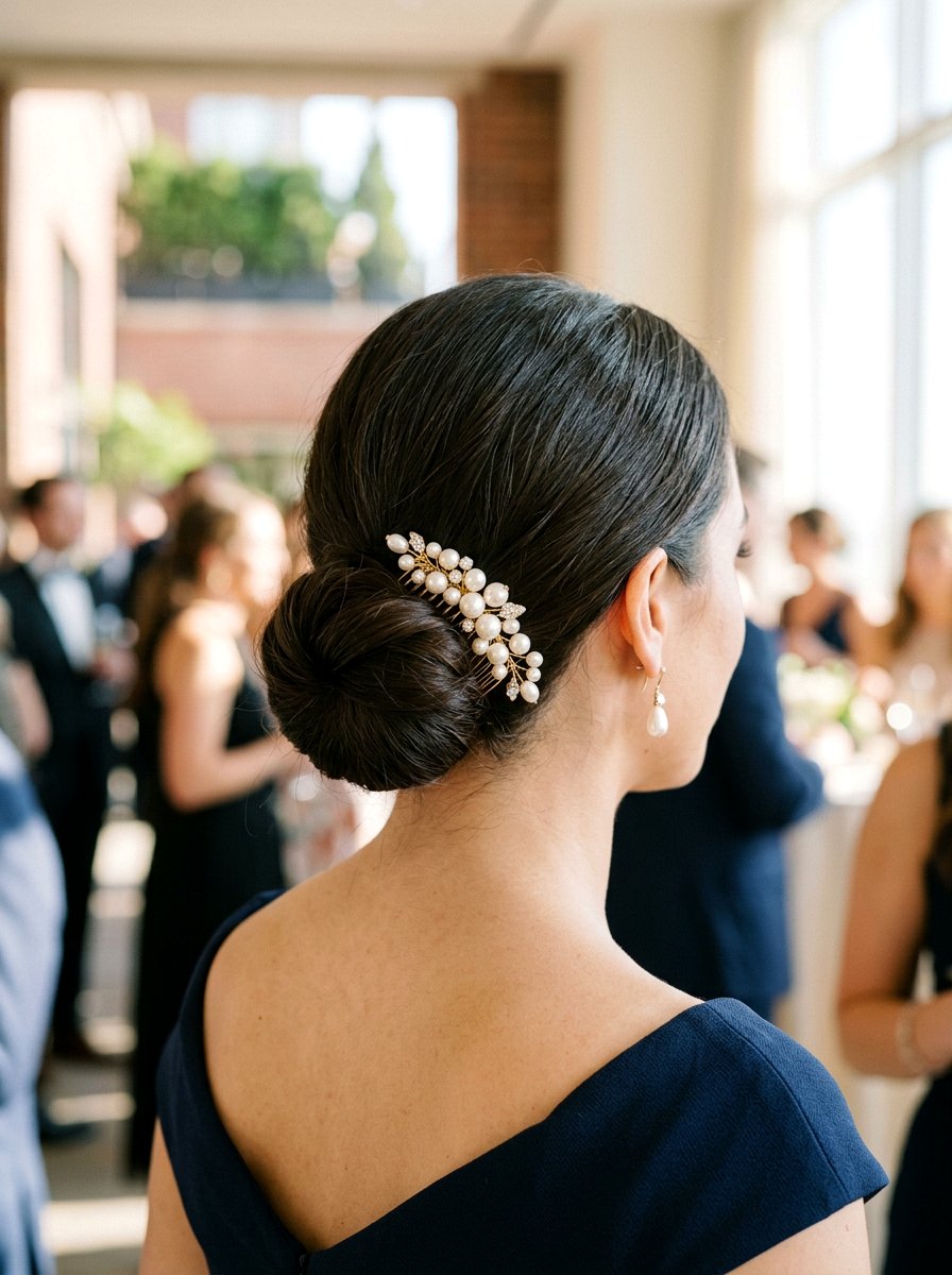 Low Knot Bun With Pearl Comb - 20 pearl embellished bun hairstyle - 20 pearl embellished bun hairstyle