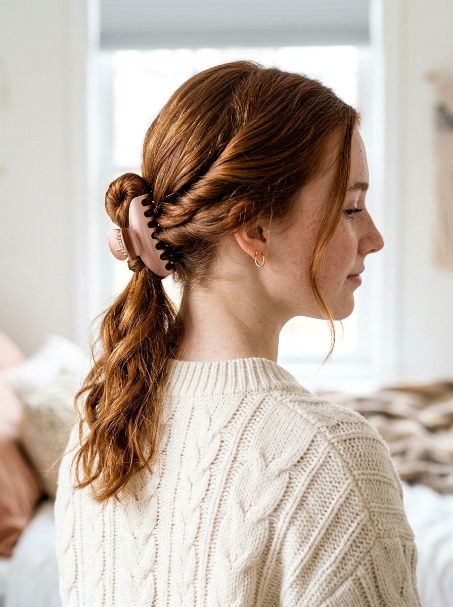 Low Knot Ponytail with Rose Gold Claw Clip - 20 school ponytail with claw clip - 20 school ponytail with claw clip