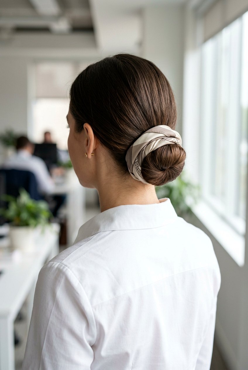 Low Knot Silk Scarf Bun For Work - 20 silk scarf bun hairstyle - 20 silk scarf bun hairstyle