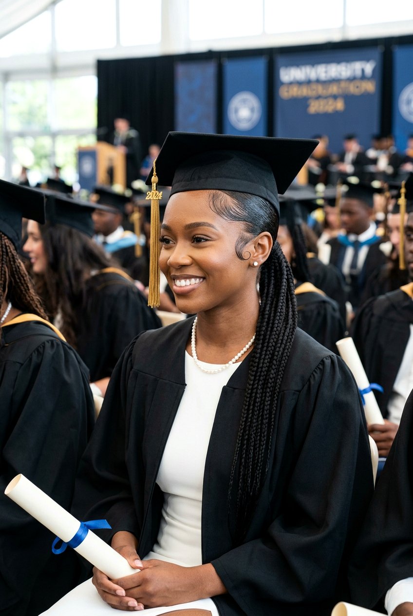 Low Knotless Braid Ponytail with Sleek Edges - 20 graduation braid ponytail for black girls - 20 graduation braid ponytail for black girls