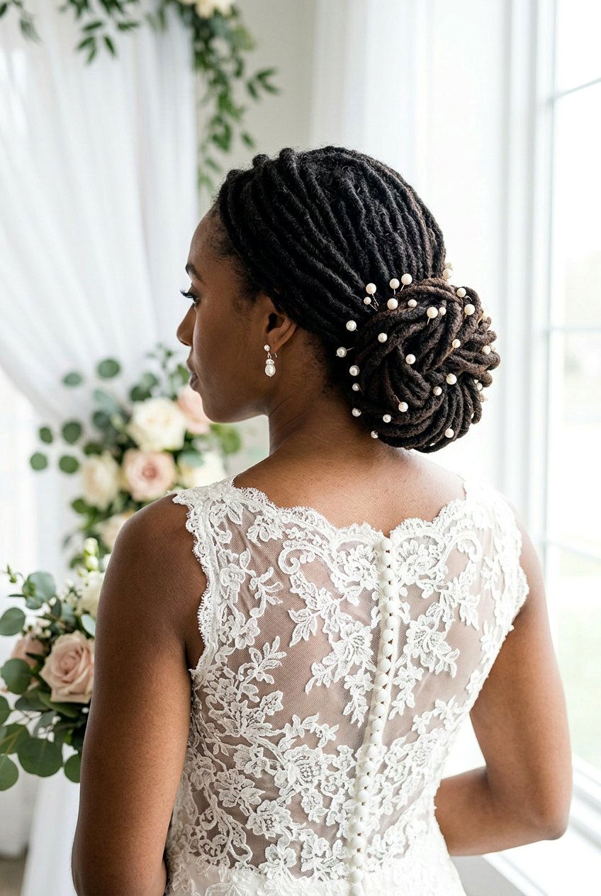 Low Loc Bun with Pearls for Brides - 20 bridal loc bun with pearls - 20 bridal loc bun with pearls