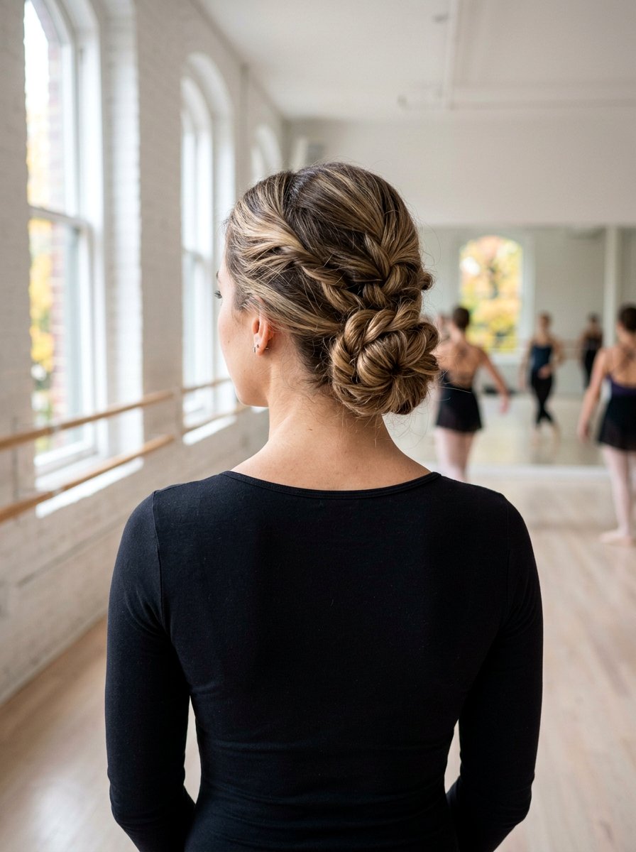 Low Loose Braided Bun - 20 yoga hairstyle with loose braid - 20 yoga hairstyle with loose braid