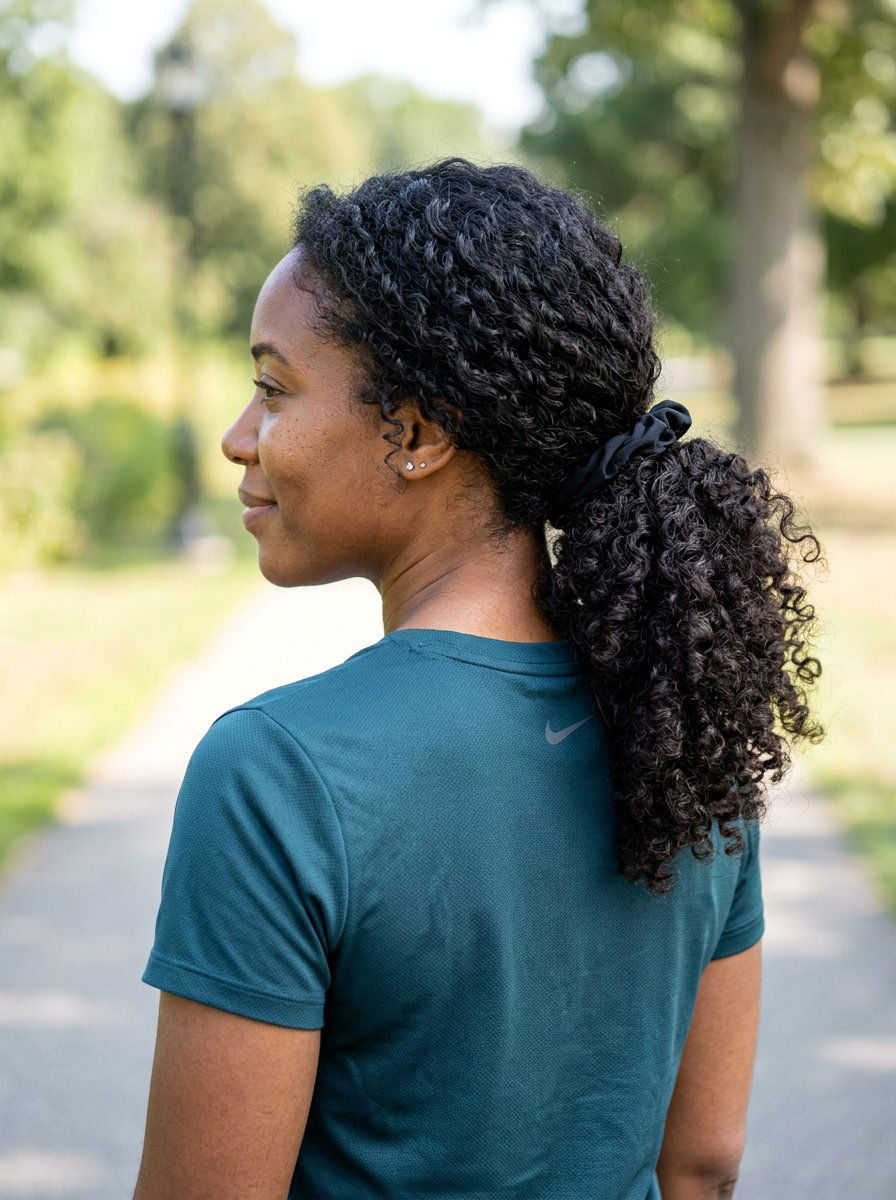 Low Maintenance Curly Ponytail - 20 gym hairstyle for thick curly hair - 20 gym hairstyle for thick curly hair