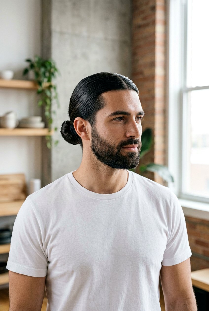 Low Man Bun With Samurai Knot Influence - 20 low man bun hairstyle - 20 low man bun hairstyle
