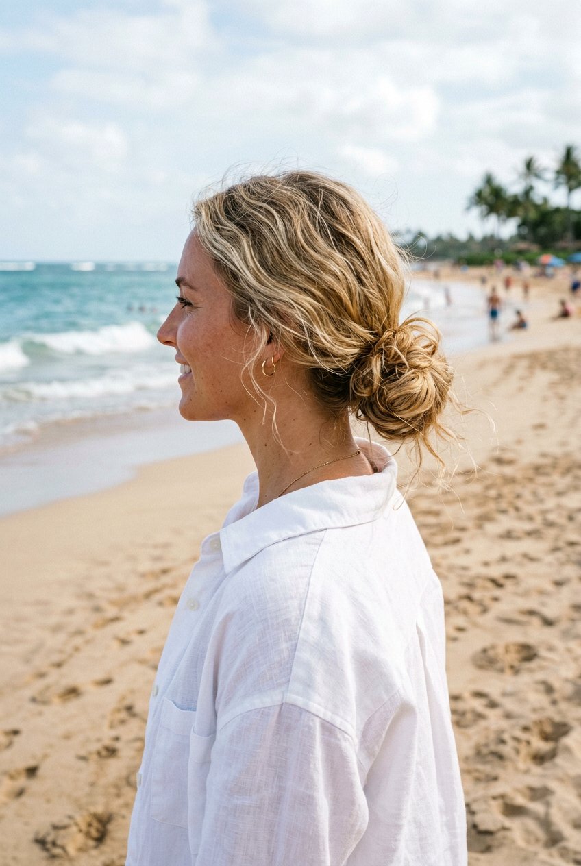 Low Messy Beach Bun - 20 beach bun hairstyle - 20 beach bun hairstyle