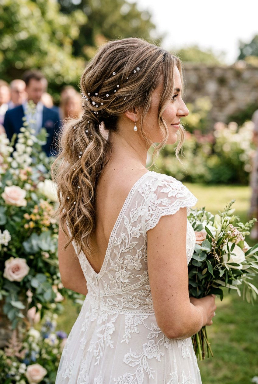 Low Messy Bridal Ponytail With Crystal Pins - 20 bridal ponytail with crystal pins - 20 bridal ponytail with crystal pins