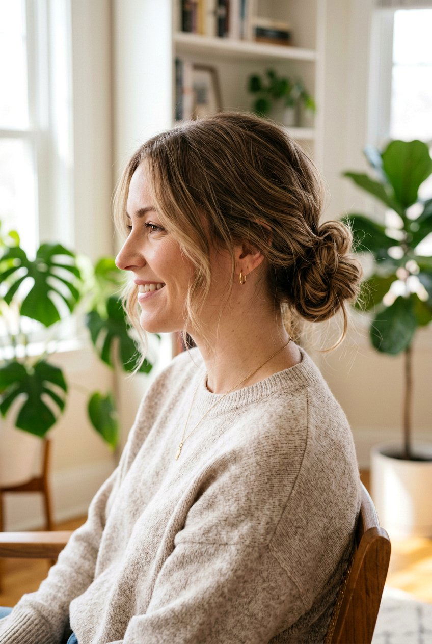 Low Messy Bun - 20 easy hairstyles for mornings - 20 easy hairstyles for mornings