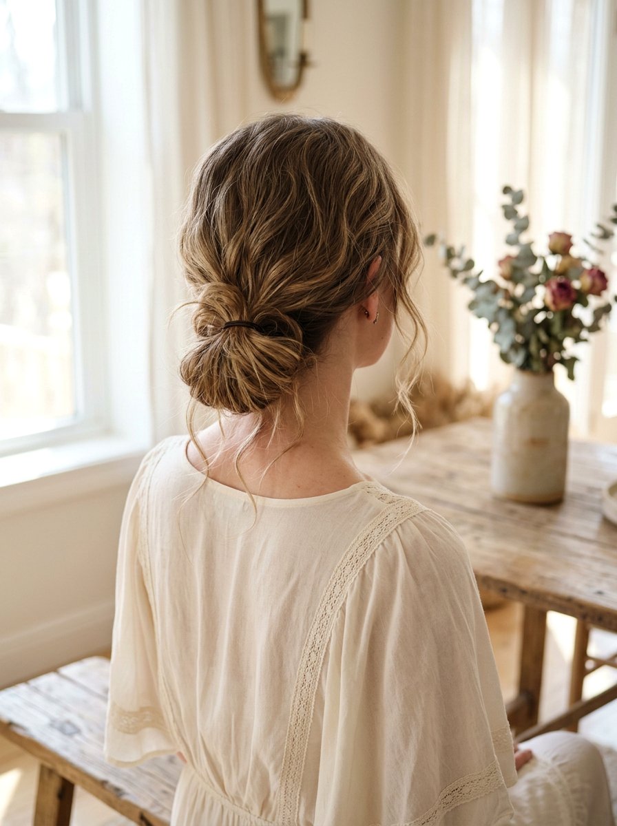 Low Messy Bun - 20 date night hairstyle for mature women - 20 date night hairstyle for mature women