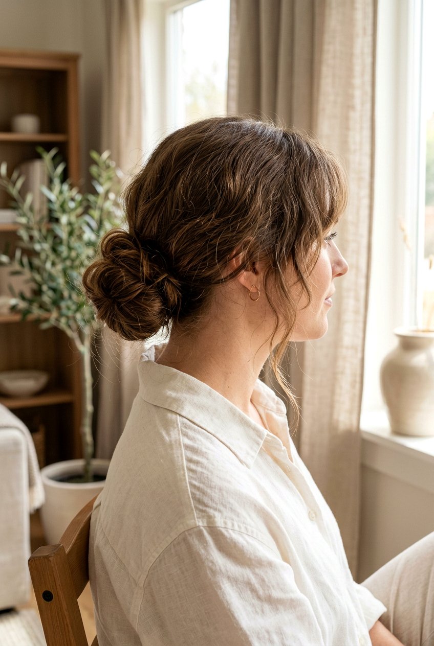 Low Messy Bun - 20 easy hairstyles for busy moms with medium hair - 20 easy hairstyles for busy moms with medium hair