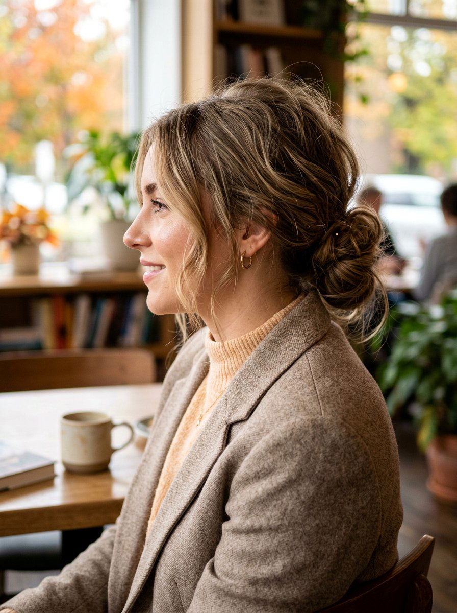 Low Messy Bun - 20 simple hairstyle for work dinner - 20 simple hairstyle for work dinner