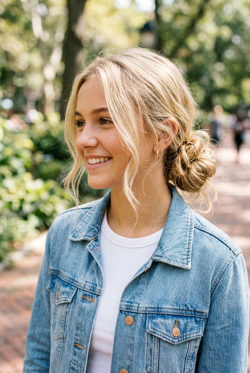 Low Messy Bun - 20 school hairstyle for teenage girls with medium hair - 20 school hairstyle for teenage girls with medium hair