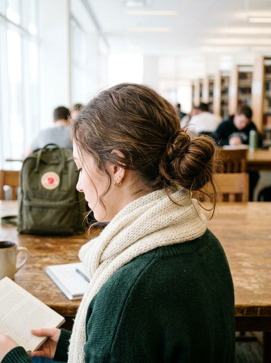 Low Messy Bun Hairstyle For College - 20 cute hairstyle for college campus - 20 cute hairstyle for college campus