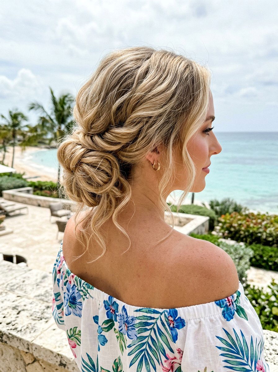 Low Messy Bun With Beach Waves - 20 vacation hairstyle with low beach waves - 20 vacation hairstyle with low beach waves