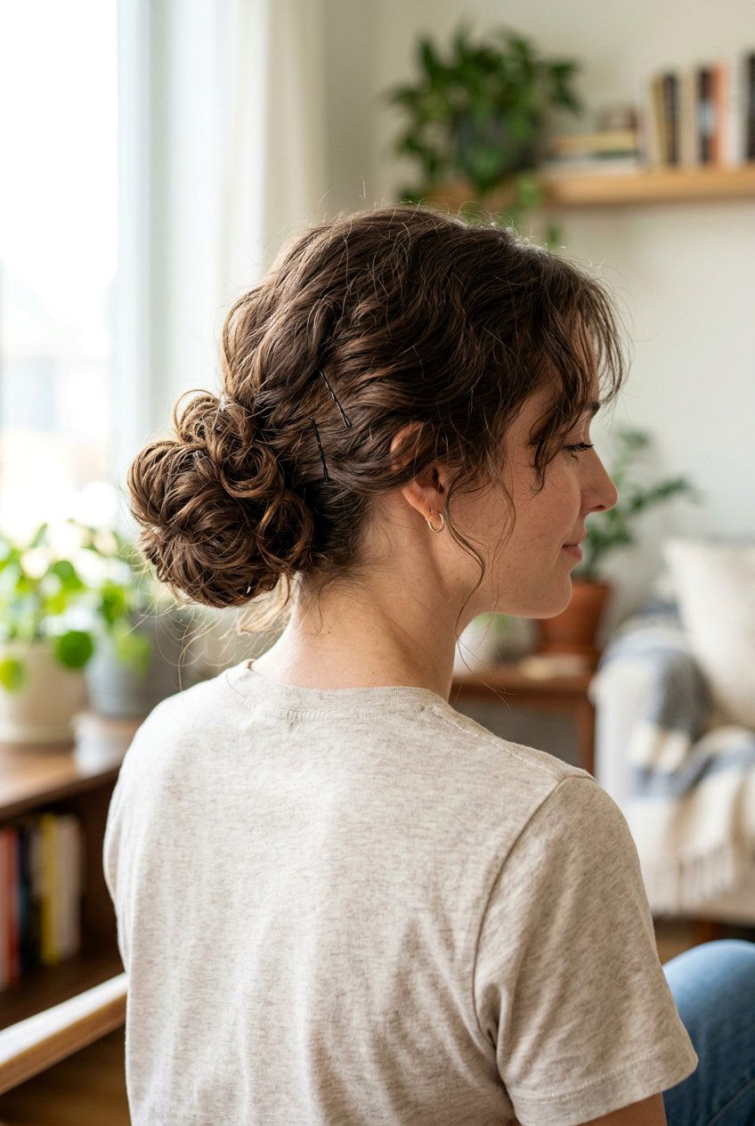 Low Messy Bun With Bobby Pins - 20 beach hairstyle for thick straight hair - 20 beach hairstyle for thick straight hair