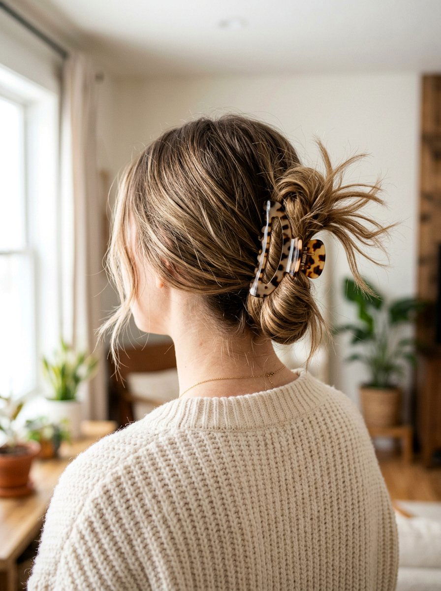 Low Messy Bun With Claw Clip - 20 school hair ideas for girls - 20 school hair ideas for girls