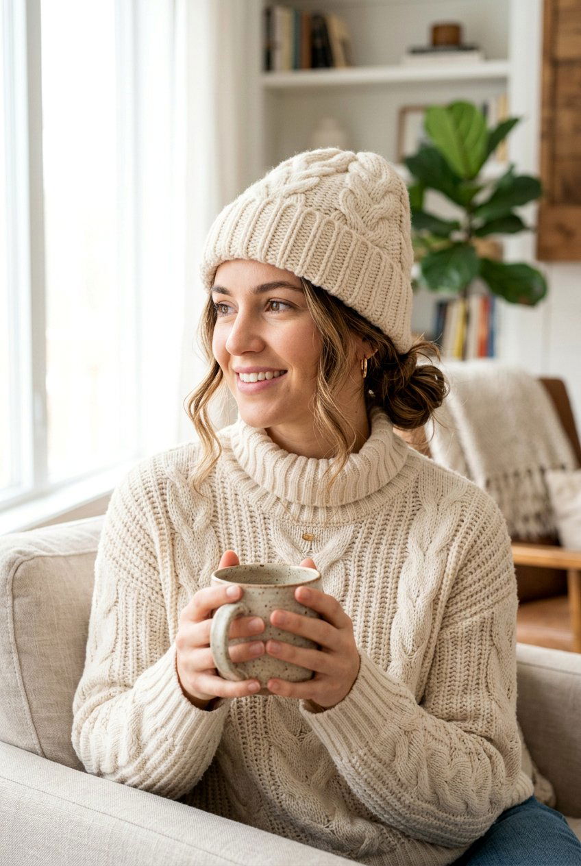 Low Messy Bun With Cozy Beanie - 20 beanie hairstyles - 20 beanie hairstyles