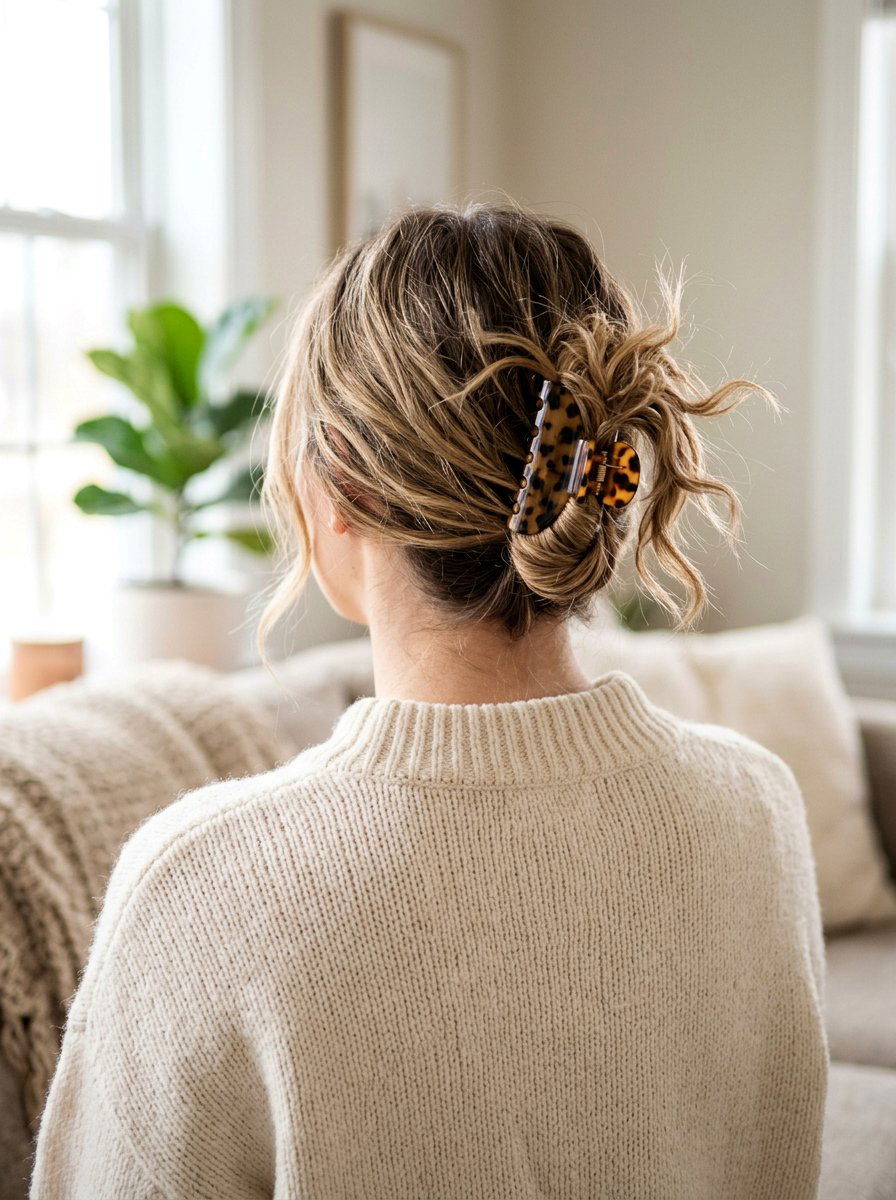 Low Messy Claw Clip - 20 claw clip hairstyle for moms - 20 claw clip hairstyle for moms