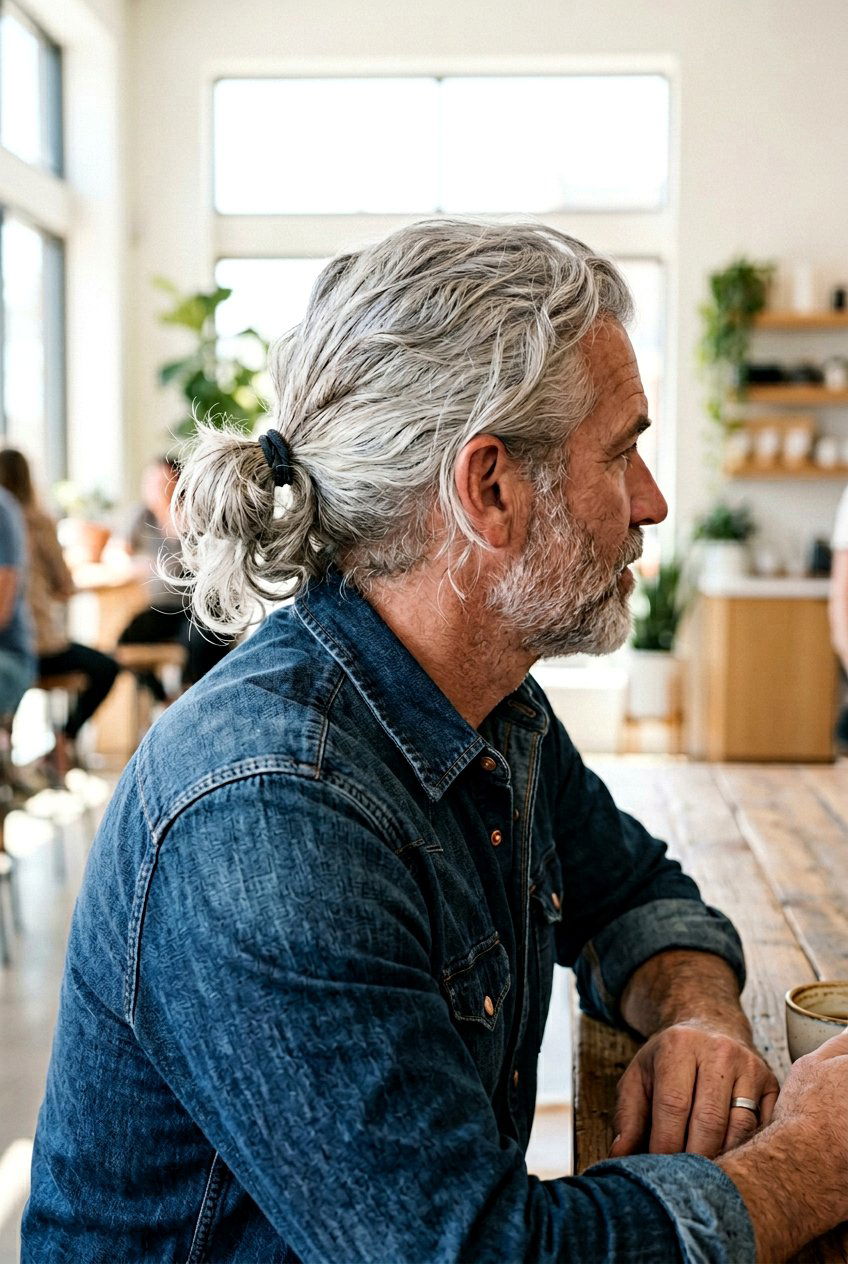 Low Messy Ponytail - 20 long gray hairstyles for men - 20 long gray hairstyles for men